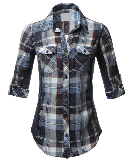 Women's Casual Washed Plaid 3/4 Sleeve Button down Shirt