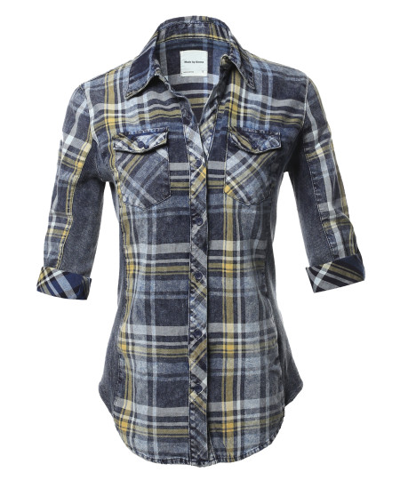 Women's Casual Washed Plaid 3/4 Sleeve Button down Shirt