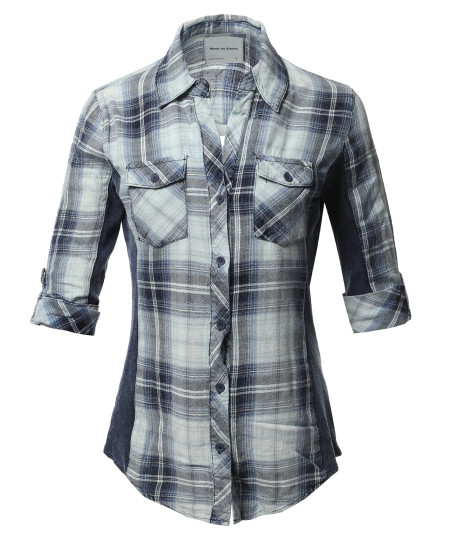 Women's Casual Washed Plaid 3/4 Sleeve Button down Shirt