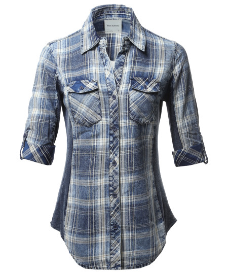 Women's Casual Washed Plaid 3/4 Sleeve Button down Shirt