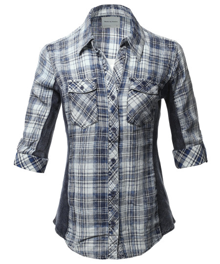 Women's Casual Washed Plaid 3/4 Sleeve Button down Shirt