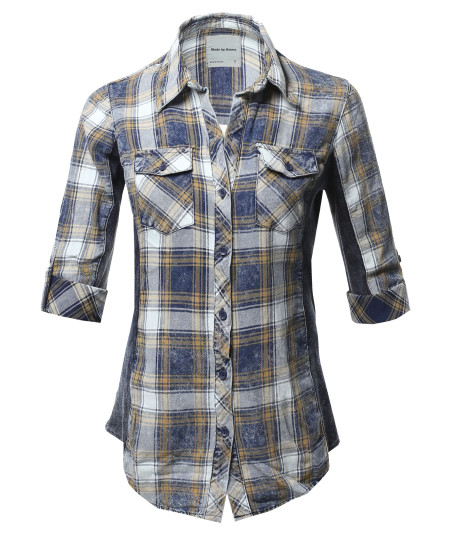 Women's Casual Washed Plaid 3/4 Sleeve Button down Shirt