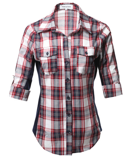 Women's Casual Plaid 3/4 Sleeve Roll-up Button down Shirt