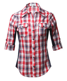 Women's Casual Plaid 3/4 Sleeve Roll-up Button down Shirt