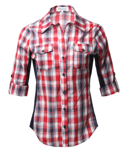 Women's Casual Plaid 3/4 Sleeve Roll-up Button down Shirt