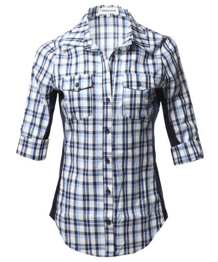 Women's Casual Plaid 3/4 Sleeve Roll-up Button down Shirt