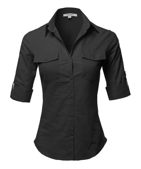 Women's Solid 3/4 Sleeve Roll-up Button down Shirt