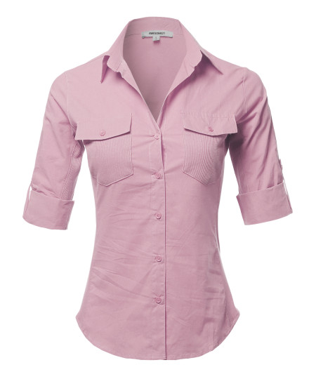 Women's Solid 3/4 Sleeve Roll-up Button down Shirt