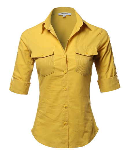 Women's Solid 3/4 Sleeve Roll-up Button down Shirt