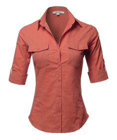 Women's Solid 3/4 Sleeve Roll-up Button down Shirt