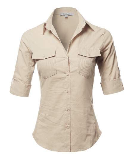 Women's Solid 3/4 Sleeve Roll-up Button down Shirt