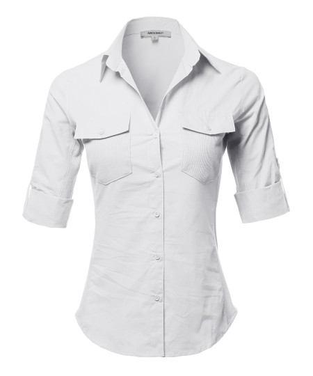 Women's Solid 3/4 Sleeve Roll-up Button down Shirt