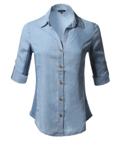 Women's Solid 3/4 Sleeve Roll-up Button down Shirt