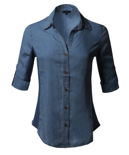 Women's Solid 3/4 Sleeve Roll-up Button down Shirt