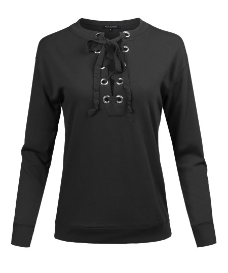 Women's Casual Solid Long Sleeve Front Lace Up Neck French Terry Top