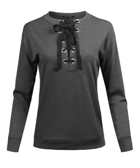 Women's Casual Solid Long Sleeve Front Lace Up Neck French Terry Top