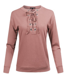 Women's Casual Solid Long Sleeve Front Lace Up Neck French Terry Top