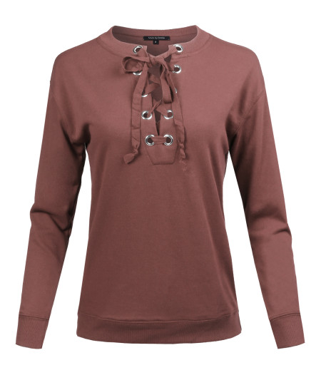 Women's Casual Solid Long Sleeve Front Lace Up Neck French Terry Top