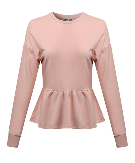 Women's Solid Basic Trendy Long Sleeve Ruffle French Terry Top