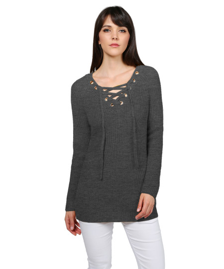 Women's Casual Solid Raglan Long Sleeve Lace Up Front  V-Neck Knit Sweater