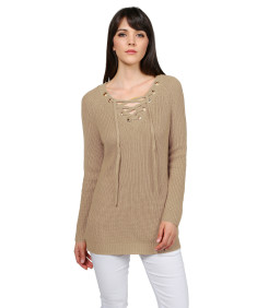 Women's Casual Solid Raglan Long Sleeve Lace Up Front  V-Neck Knit Sweater