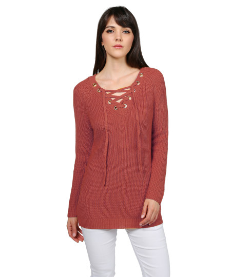 Women's Casual Solid Raglan Long Sleeve Lace Up Front  V-Neck Knit Sweater