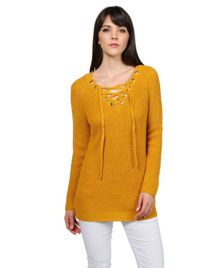 Women's Casual Solid Raglan Long Sleeve Lace Up Front  V-Neck Knit Sweater