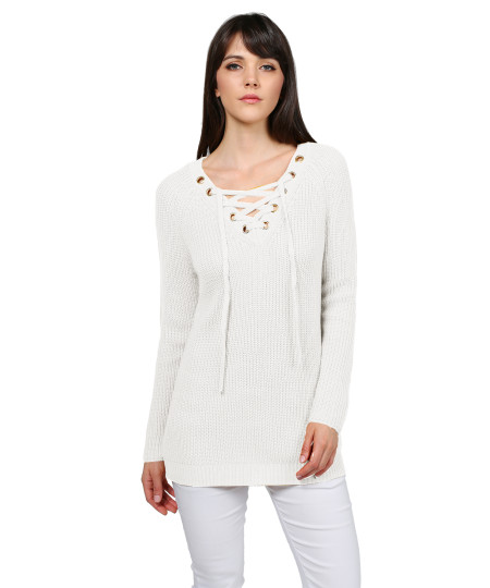 Women's Casual Solid Raglan Long Sleeve Lace Up Front  V-Neck Knit Sweater