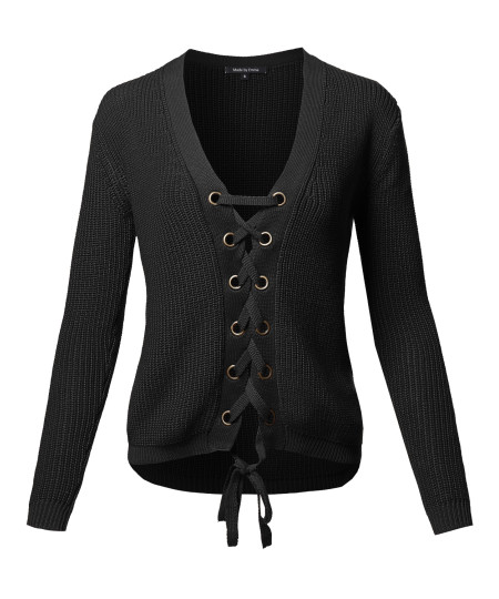 Women's Casual Solid Long Sleeve Lace Up Front  V-Neck Knit Sweater