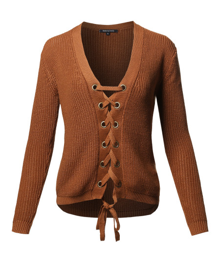 Women's Casual Solid Long Sleeve Lace Up Front  V-Neck Knit Sweater