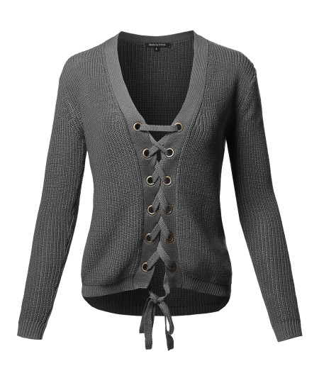 Women's Casual Solid Long Sleeve Lace Up Front  V-Neck Knit Sweater