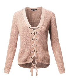 Women's Casual Solid Long Sleeve Lace Up Front  V-Neck Knit Sweater