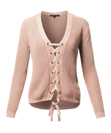 Women's Casual Solid Long Sleeve Lace Up Front  V-Neck Knit Sweater