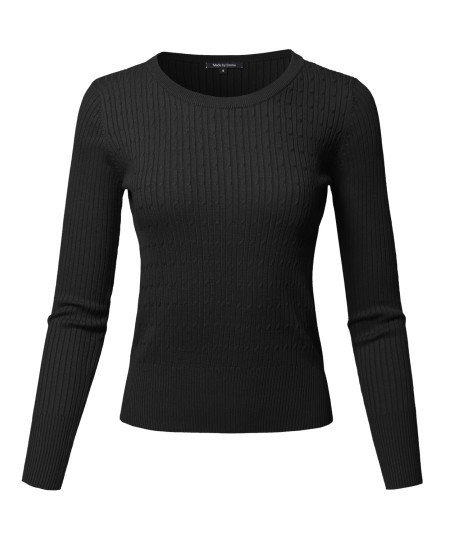 Women's Basic Long Sleeve Crew Neck Cable Knit Classic Sweater