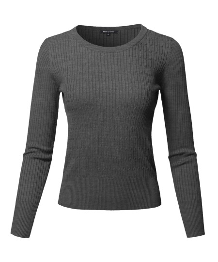 Women's Basic Long Sleeve Crew Neck Cable Knit Classic Sweater