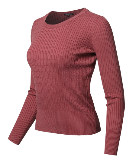 Women's Basic Long Sleeve Crew Neck Cable Knit Classic Sweater