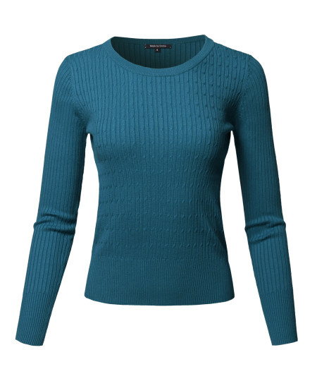 Women's Basic Long Sleeve Crew Neck Cable Knit Classic Sweater