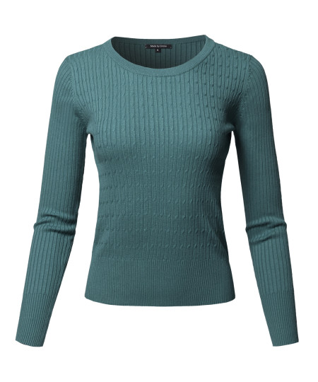 Women's Basic Long Sleeve Crew Neck Cable Knit Classic Sweater