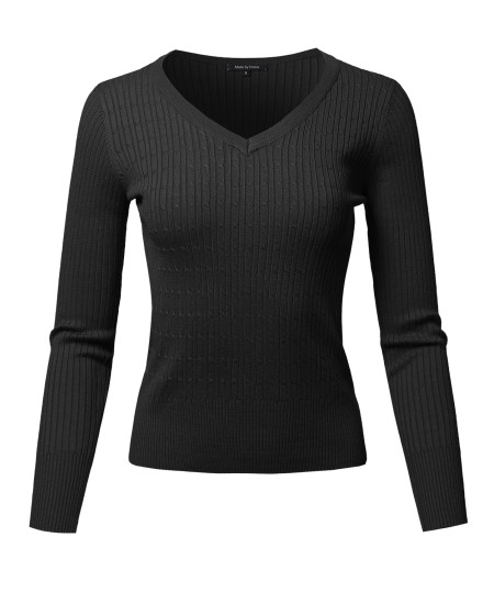 Women's Basic Long Sleeve V-Neck Cable Knit Classic Sweater