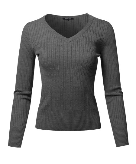 Women's Basic Long Sleeve V-Neck Cable Knit Classic Sweater