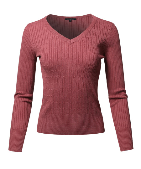 Women's Basic Long Sleeve V-Neck Cable Knit Classic Sweater