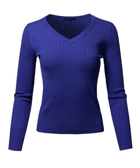 Women's Basic Long Sleeve V-Neck Cable Knit Classic Sweater