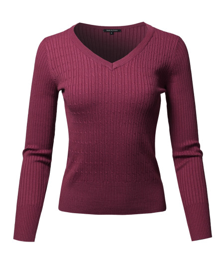 Women's Basic Long Sleeve V-Neck Cable Knit Classic Sweater