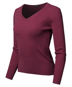 Women's Basic Long Sleeve V-Neck Cable Knit Classic Sweater