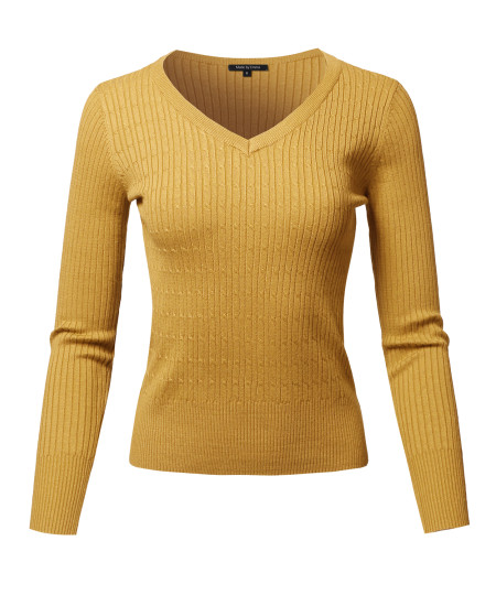 Women's Basic Long Sleeve V-Neck Cable Knit Classic Sweater