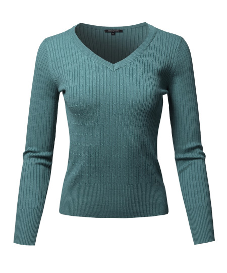 Women's Basic Long Sleeve V-Neck Cable Knit Classic Sweater