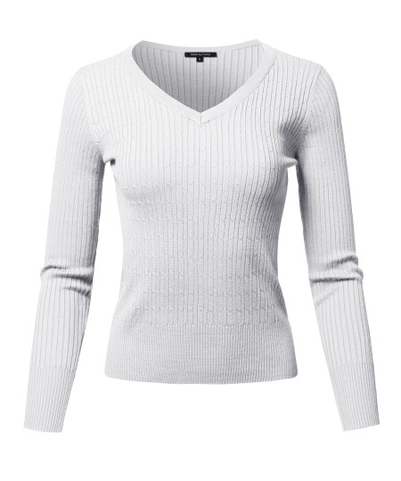 Women's Basic Long Sleeve V-Neck Cable Knit Classic Sweater