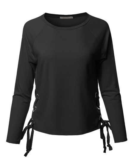 Women's Trendy Raglan Long Sleeves Side Lace Up French Terry Top