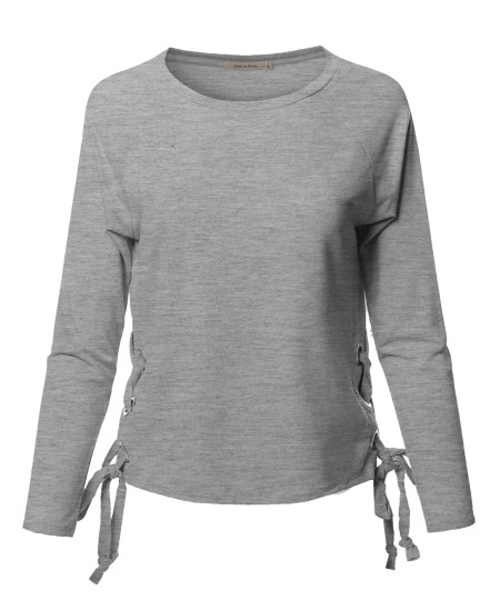 Women's Trendy Raglan Long Sleeves Side Lace Up French Terry Top