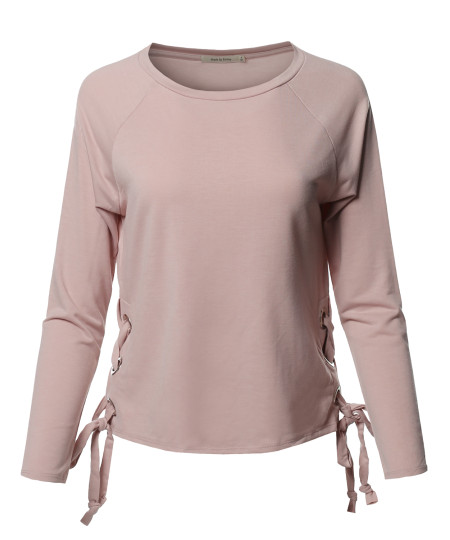 Women's Trendy Raglan Long Sleeves Side Lace Up French Terry Top